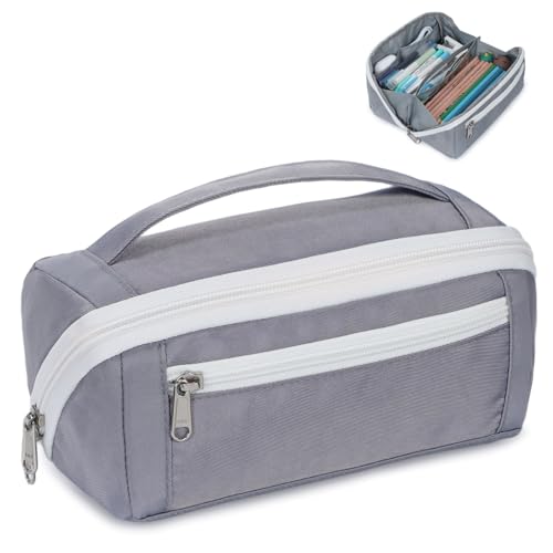 Image of Large Pencil Pouch - 8 Compartments, Wide Handle Organizer Bag | Wide Open Pen Bag, Flexible Dividers & Side Pockets, Handle, 900D Fabric, College Supplies for Teens, Black & Grey