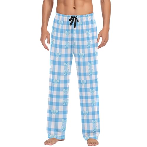 Men’s Blue and White Checkered Bows Pajama Pants with Pockets, Comfortable Lounge Sleep Bottoms#667