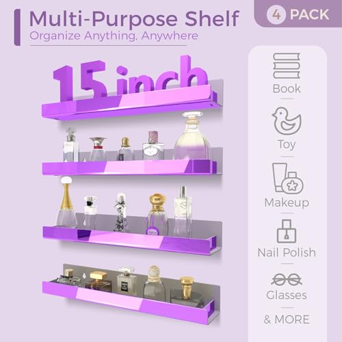Image of 4 Pack 15 Inch Purple Reflective Acrylic Floating Wall Shelves | Modern Display Shelf for Sunglasses, Oils, Pictures & Toy Storage Decor