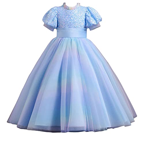 Image of Hopscotch Girls Polyester and Viscose Sequin Embellished Gown in Blue Color