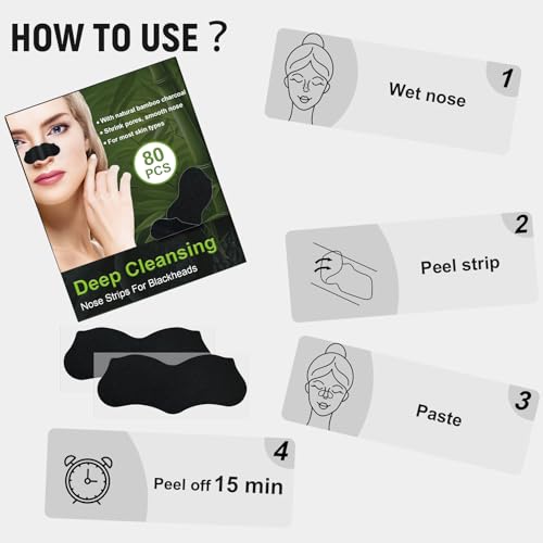80 Stück Mitesserentferner Stripes, Natürliche Bambuskohle Mitesser Strips, Nose Strips Blackhead, Zum Entfernen von Mitessern und Zum Freimachen verstopfter Poren