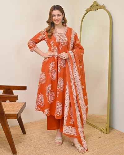 Image of Klosia Women Printed A-Line Kurta and Pant Set with Dupatta | Printed Kurta Set | A-Line Kurta Set | Women Kurta Sets | Summer Suit |