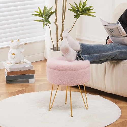 Cplxroc Ottomans Round Faux Fur Ottoman with Storage Footstools Vanity Chair Coffee Table Ottoman for Living Room (Pink) by Cplxroc - Image 4