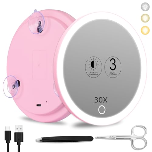 Suupvaor 30x Espejo de Aumento con luz, 15cm Grande 3 Colores de atenuación Iluminado 30x Espejo de Aumento con 3 ventosas, Espejo de Maquillaje de Gran Aumento