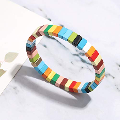 Nvenf Tile Bracelets Enamel Rainbow Tile Bead Bracelets Colorblock Stackable Stretch Bracelets Bohemia Tile Strand Bangle Bracelet Set For Women Men Girls #TOP5