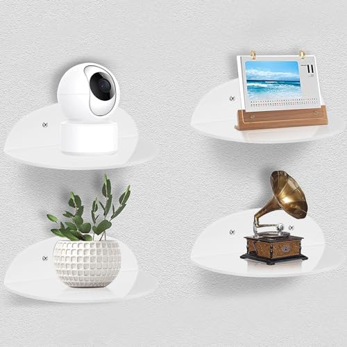 4 Pcs White Acrylic Small Wall Shelf, Small Floating Wall Shelves Mini Self Adhesive Wall Shelf, No Drill Display Shelves, Easily Expand Wall Space White, Living Room Bike Bell (A-1)