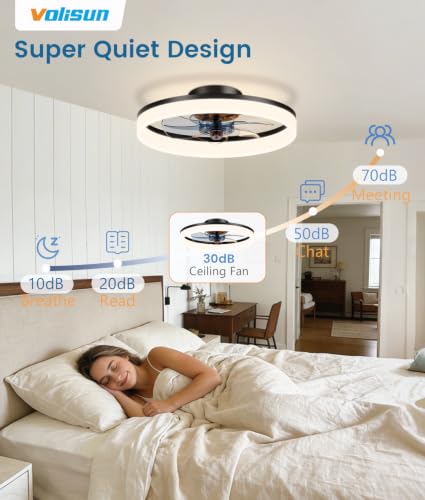 Image of VOLISUN Low Profile Ceiling Fans with Lights and Remote, 16in Fandelier Ceiling Fan Flush Mount, 3000K-6500K Smart Bladeless LED Fan Light, Black Modern Ceiling Fans with Lights for Bedroom