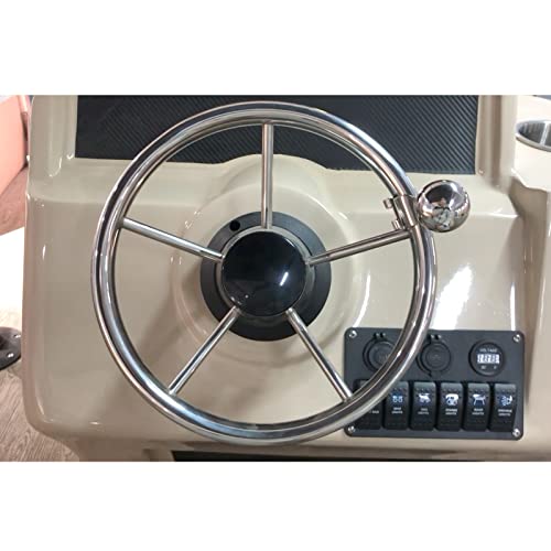 11Inch Boat Steering Wheel, Marine Stainless Steel Steering Wheel Adapter Fit 3/4 Inch Tapered Shaft, 5 Spoke 25 Degree Destroyer Style With Knob & Center Cap For Boats, Yachts, Pontoon Boats #TOP5