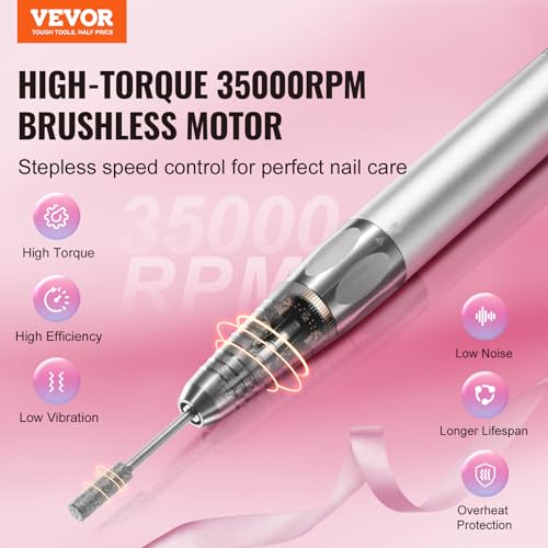 Image of VEVOR Electric Cordless Nail Drill - with 35000RRM Brushless Motor and Charging Base, Rechargeable Nail E File Machine with 6 Bit & 50PCS Sanding Band for Acrylic Gel Nail, Manicure Pedicure Polishing