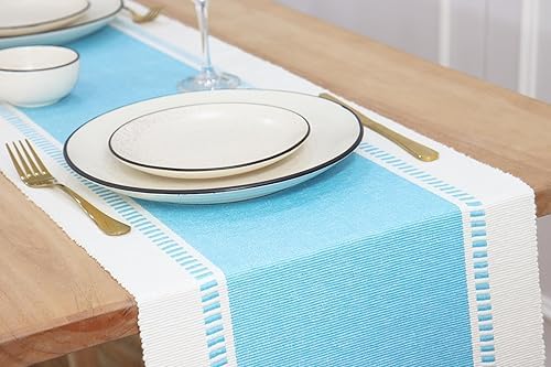 Image of North Field Handwoven Soft Cotton Table Runner for 4-6 Seater - Handloom Traditional Indian Design - Eco-Friendly Dining Decor - 100% Cotton | 14X54 Inch | 0.5 Kg (Sky Blue)