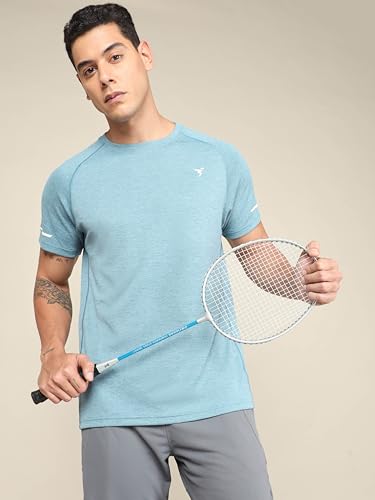 Image of TECHNOSPORT Men's Melange Slim Fit Round Neck T-Shirt Double Cool Raglan Sleeve Slip On Polyester for Gym Running Workout UPF50+ Anti Odour