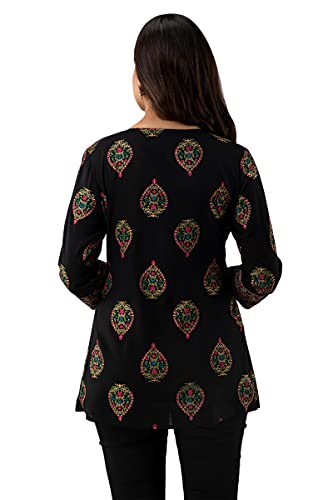 Image of DMP FASHION Women's Rayon Classic Printed Boota Top with Beautiful Tassels and Buttons at Front Black