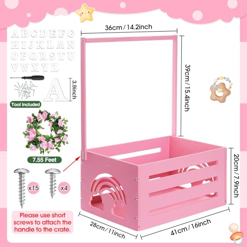 Image of Yerliker Wooden Baby Shower Crate Closet Rainbow Storage Hamper with Handle Garland 26 Letter Basket Baby Shower Wooden Gift Crate for Girls Boys Pregnancy Gifts for Parents(Pink)