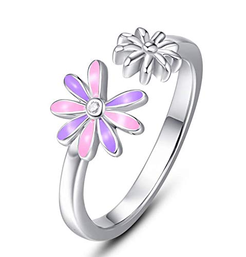 TANGPOET S925 Sterling Silver Daisy Flower Rings for Women Adjustable Opening Rings Jewelry Gift for Mom Daughter Teens