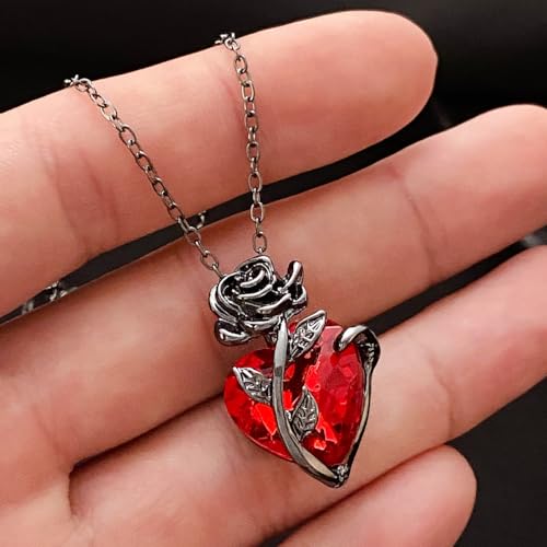 KURTCB Goth Rose Heart Pendant Necklace Earrings Gothic Emo Grunge Vampire Black Rose Necklace for Women Men Halloween Costume2