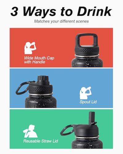 Image of Coolflask 32 oz Water Bottle Insulated with Straw & 3 Leakproof Lids