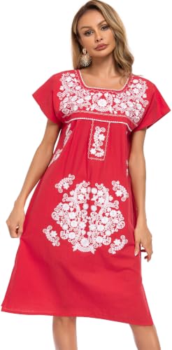 Image of YZXDORWJ Women Mexican Embroidered Long Dress Ruffle Collar Maxi Boho Floral Summer Short Sleeve