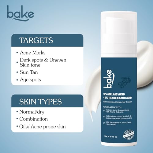 Image of BAKE 10% Azelaic Acid + 5% Tranexamic Acid Pigmentation Corrector Cream for Dark Spots, Pigmentation & Tan Removal | Fades Acne Marks & Scars | For All Skin Types | For Men & Women | 30g