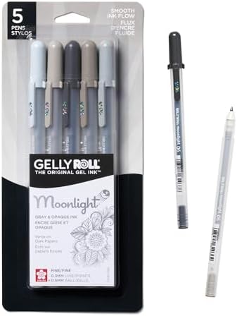 Sakura Gelly Roll Moonlight 5 Pack, 06 Fine point, Opaque Gray Gel Pens, Creamy Smooth Ink, Writes on Dark Paper
