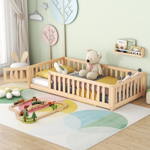 SOFTSEA Twin Size Bed for Kids, Floor Bed Frame with Guardrails and Door, Solid Wood Bed Frame with Fence, Kids Playroom, No Box Spring Needed, Natural