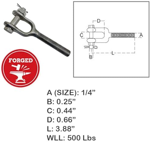 Tensor tipo Quijada de acero inoxidable T316 de 1/4 pulg, rosca derecha, capacidad 500 lb para rigging marino, barandales y cables miniatura 2