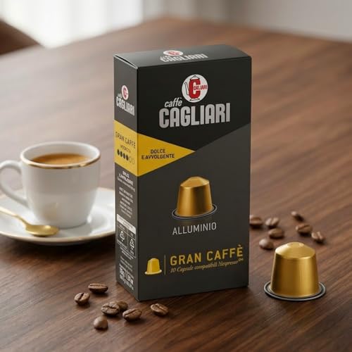 Image of Cafe Cagliari Aluminium Coffee Capsule 100% Arabica, Italy Origin|Intensity 6, Gran Caffe, Medium Roast| Nesspresso Compatible Coffee Capsule Pods, Pack of 10 Pods