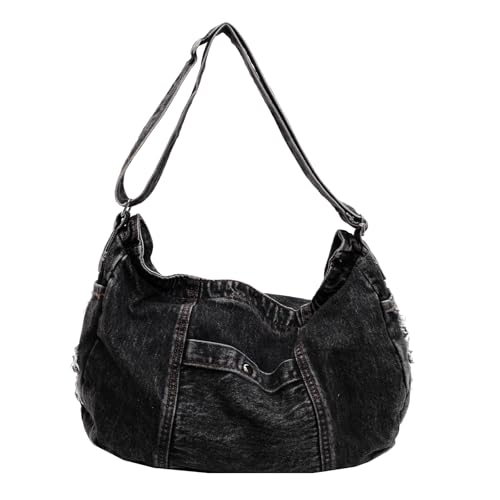 Image of Denim Shoulder Bag for Women,Canvas Tote Messenger Bag with Zipper,Large Casual Crossbody Hobo Handbag Denim Purse