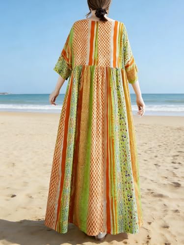 Image of Women Summer Dress with Pockets Plus Size Boho Floral Print Round Neck Loose Casual Flowy Dress