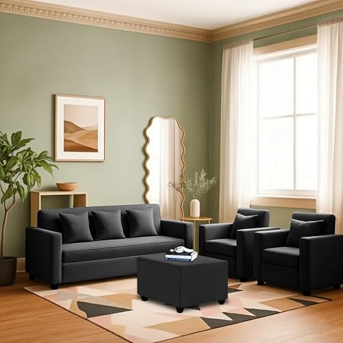 Image of 3+1+1 Seater Sofa Set with Ottoman -Modern Velvet Fabric Sofa Set for Living Room, Deep Seating Comfort with Cushions (Black)