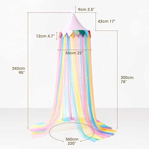 LOAOL Rainbow Bed Canopy, Kids Canopy Princess Girls Fairy Dream Tent with 28 Multi-Colored, Crib Canopy Hanging Netting for Bedroom, Canopy Pink Dome Reading Corners Room with Stars Decor