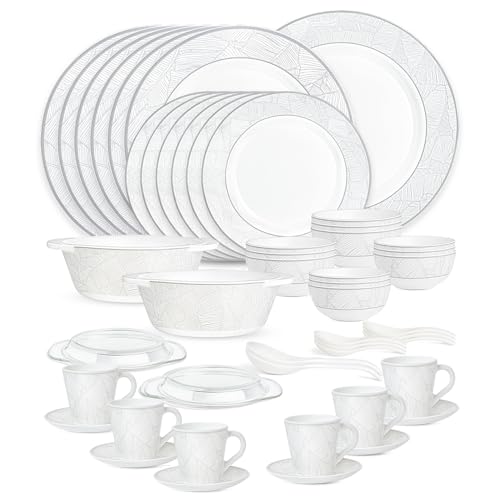Image of Larah by Borosil 49pc Opalware Ivy Dinner Set for Family of 6 | Microwave & Dishwasher Safe Crockery Set for Dining & Gifting | Plates & Bowls