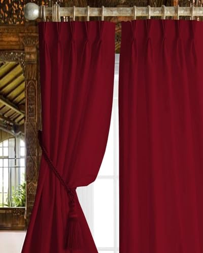 Image of Triple Pinch Pleated Blackout Curtains Thermal Insulated Room Darkening Curtains for Bedroom /Livingroom Pack of 2 Panels, Tiebacks, Hooks (Burgundy)