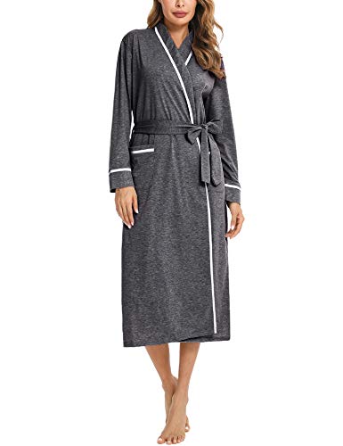 Aibrou Bata Mujer, Albornoz Mujer Algod�n Batas Mujer Casa Invierno con Bolsillo, Bata de Mujer Manga Larga con Escote en V de Kimono con Cintur�n, Suave para Hogar Causal Gris Oscuro M