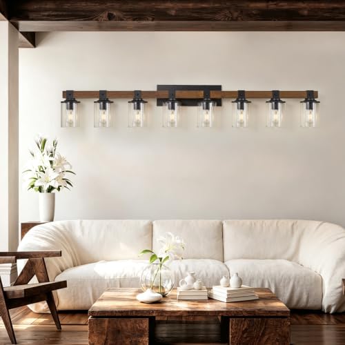 Image of 8-Light Farmhouse Vanity Light Fixture, Bathroom Wood Wall Light Over Mirror with Clear Glass Shade, Rustic Vintage Wall Sconce Lighting
