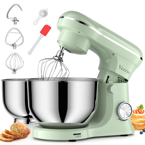 Vezzio Batidora Amasadora de Repostería 1500W, Doble Cuenco de Acero Inoxidable (5 QT y 6 QT), 10 Velocidades, con Batidor, Gancho y Varilla Plana, Ideal para Cocina y Repostería en Casa(Verde)