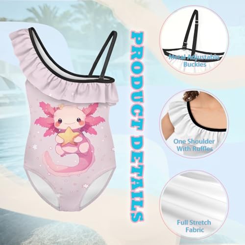 Image of WELLFLYHOM Axolotl Girls One Piece Swimsuits 3-14 Ruffle One Shoulder Bathing Suits Full Coverage Beachwear
