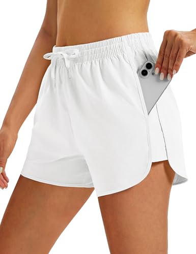 MAGOCOMSEN Women's Running Athletic Shorts with Pockets 3' Quick Dry Lightweight Workout Gym Shorts Sport White S