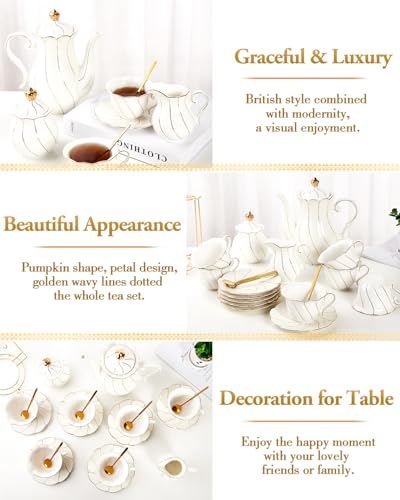 DUJUST 22 pcs White Porcelain Tea Set for 6, Luxury British Style Tea/Coffee Cup Set with Golden Trim, Beautiful Tea Set for Women, Tea Party Set, Gift Package (With a Stand)