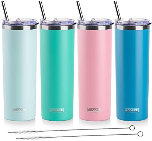koodee 20 oz Stainless Steel Skinny Tumbler(4 Pack) Double Wall Insulated Water Tumbler Cup with Lids, Straws and Straw Brushe（Baby Blue/Pink/Sky Blue/Teal）