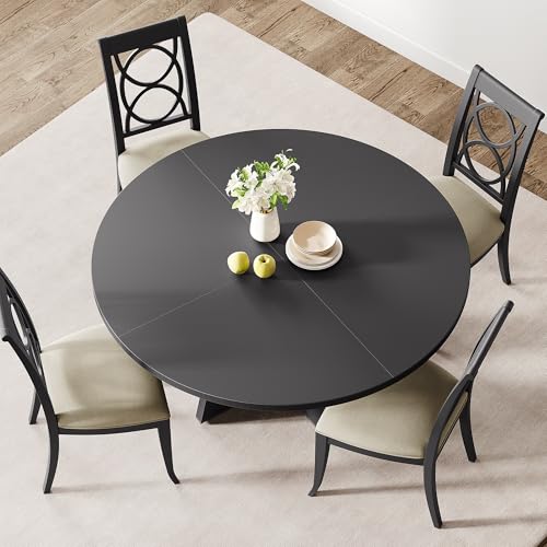 GarveeHome 47-Inch Round Large Dining Table Set for 4 to 6, Farmhouse Dinner Table with Wooden Top and Legs for Home Dining Room or Living Room - Black(No Chairs)