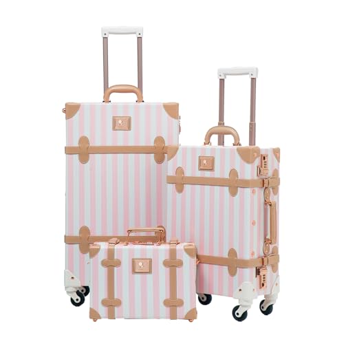 UNIWALKER Vintage Luggage Set of 3, Retro Spinner Trunk with Combo Lock for Women, Cute Designer Travel Suitcase Set with Train Case, 26"+20"+12", Pink Strip