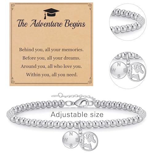 Image of JSJOY Graduation Bracelets Silver Dainty Gold Beaded Compass Bracelets College Graduation Gifts for Her Inspirational Gifts for Women Jewelry