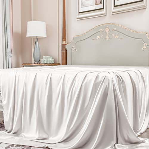 PROMEED Silk White Cooling Flat Sheet Queen Size, Grade 6A 23 Momme Mulberry Silk Cooling Bed Top Sheet for Sensitive Skin (White, Queen)