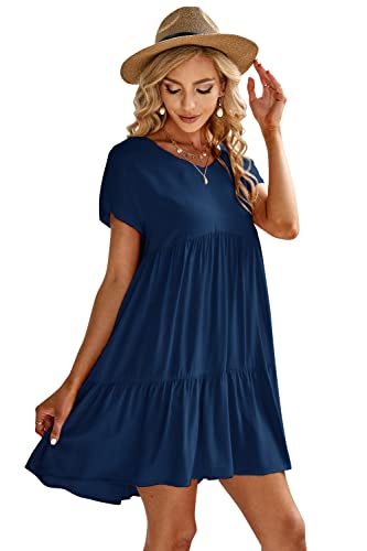 Image of Fangetey Women's V-Neck Tunic Dresses Short Sleeve Button Down Loose Casual Summer Short Flowy Swing Dress