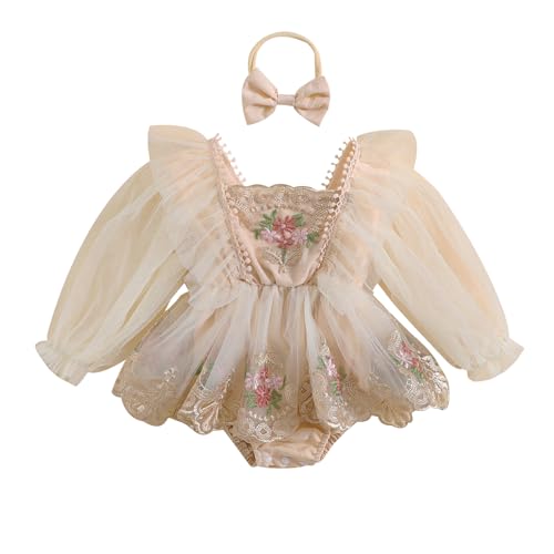 BULINGNA Infant Baby Girl Tutu Romper Dress with Headband Mesh Long Sleeve Floral Lace Embroidery Skirt Birthday Outfit
