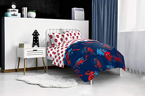 Image of Marvel Spiderman Twin Comforter Set 4 Piece Kids Bedding for Boys, Blue | Bed in a Bag, Comforter Sheets Pillowcase, Official Product, Soft Microfiber, Machine Washable, Easy Care, Boys Gift