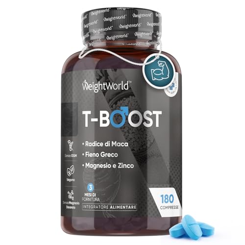 Testosterone Uomo, Massa Muscolare, 180 Compresse Vegane di T-Boost Testosterone, 4000mg di Maca Peruviana, Integratore Uomo con 12 Ingredienti di Origine Naturale, Vitamina C, D3, A, B6, B9, e B12
