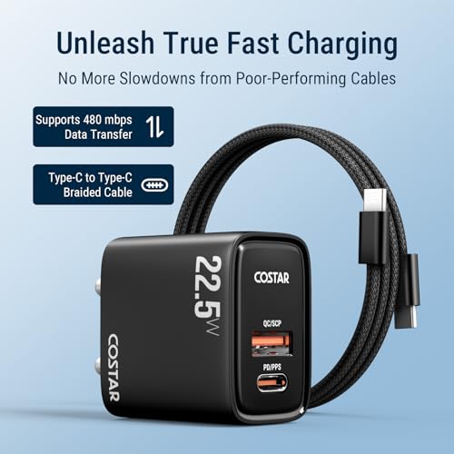 Image of COSTAR Original 22.5W Dual Port Charger(USB & Type C) with Type C to C Cable, Fast Charger,Compatible with Samsung Galaxy(Ultra /+ /Fe, S /Z /A /M /F All Series), iPhone & Type-C Devices(Black)
