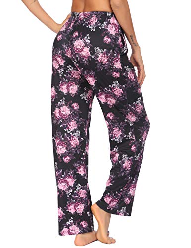 Image of Ekouaer Women Pajama Pants Comfy Pj Bottom with Pockets Stretch Plaid Sleepwear Black Flower XX-Large