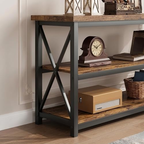 Image of 120 cm Entryway Console Table with Storage Shelves | 3-Tier Narrow Sofa Side for Hallway & Living Room | Metal Frame Rustic Brown Console Tables for entryway | Rustic Brown | 120x30x80 cm